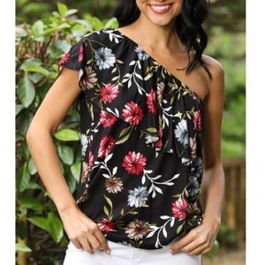 Black & Red Floral Off-Shoulder Asymmetrical Top, M